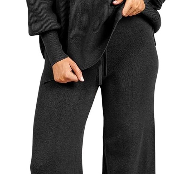 Women 2 Piece Outfits Oversized Chunky Knit Sweater Top Wide Leg Pants 2024 Fall